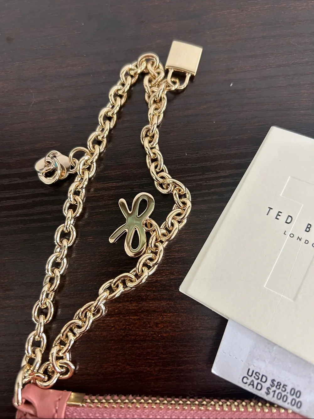 Ted Baker Coral Pink Card Holder with Gold Chain Wristlet - Picture 3 of 6